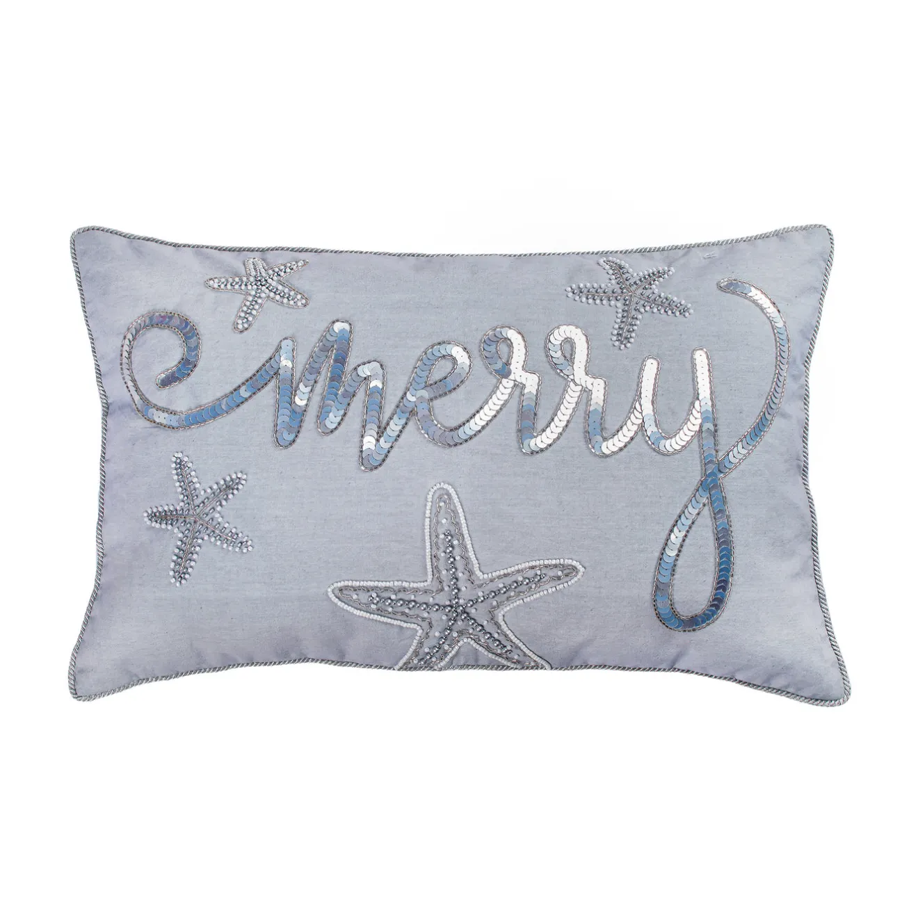 Sale 14 in by 22 in. Coastal Merry Embroidered Pillow, Blue, Silver Pillows & Throws