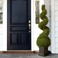 Discount 48 in. Cedar Spiral Topiary Tree with Ball in a Black Square Pot Topiaries & Shrubs