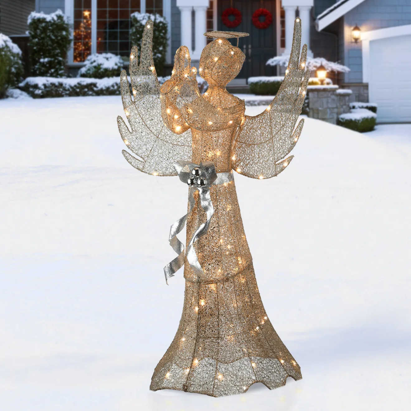 Outlet 53 in. Champagne Gold Praying Angel with LED Lights Yard Decorations