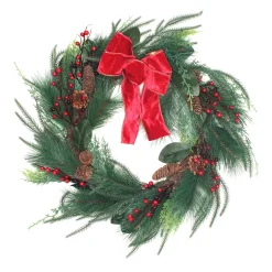 New 26 in. Christmas Mixed Pine Wreath with Red Bow Unlit Christmas Wreaths|25-36 Inch Christmas Wreaths
