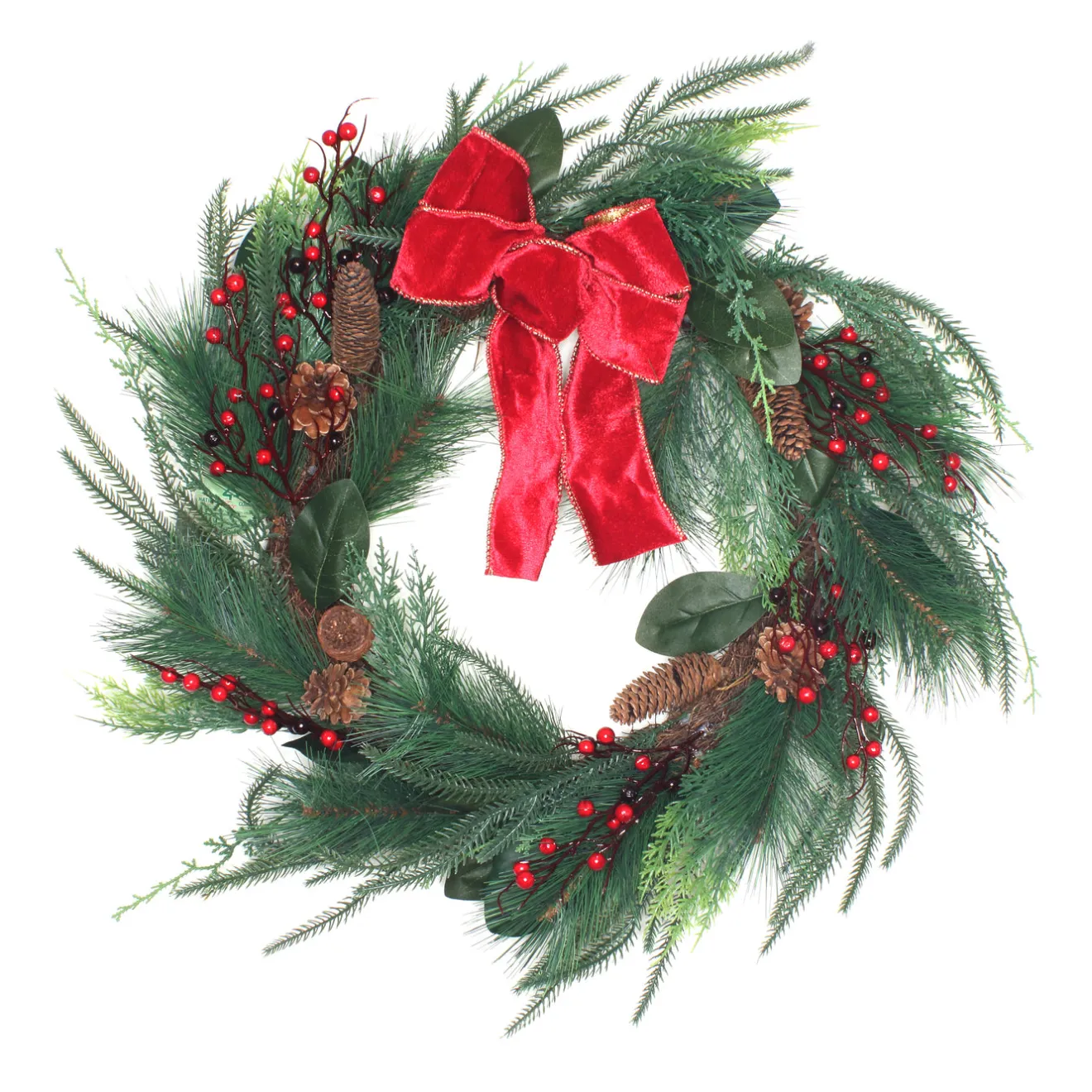 New 26 in. Christmas Mixed Pine Wreath with Red Bow Unlit Christmas Wreaths|25-36 Inch Christmas Wreaths