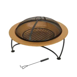 Hot 33 in. Copper Finish Hammered Steel Outdoor Fire Pit with Black Stand, Cover, Fire Poker Firepits