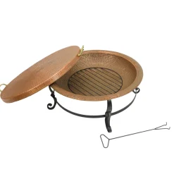 Best 30 in. Copper Finish Hammered Steel Outdoor Fire Pit with Black Stand, Fire Poker and Copper Cover Firepits