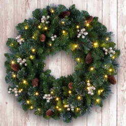 Clearance 24 in. Crestwood Gold Spruce Wreath with Clear Lights 21-24 Inch Christmas Wreaths