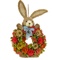 New 20 in. Easter Wreath Decorated with Red, Orange and Green Flower Blooms, Bunny Head and Feet Wreaths