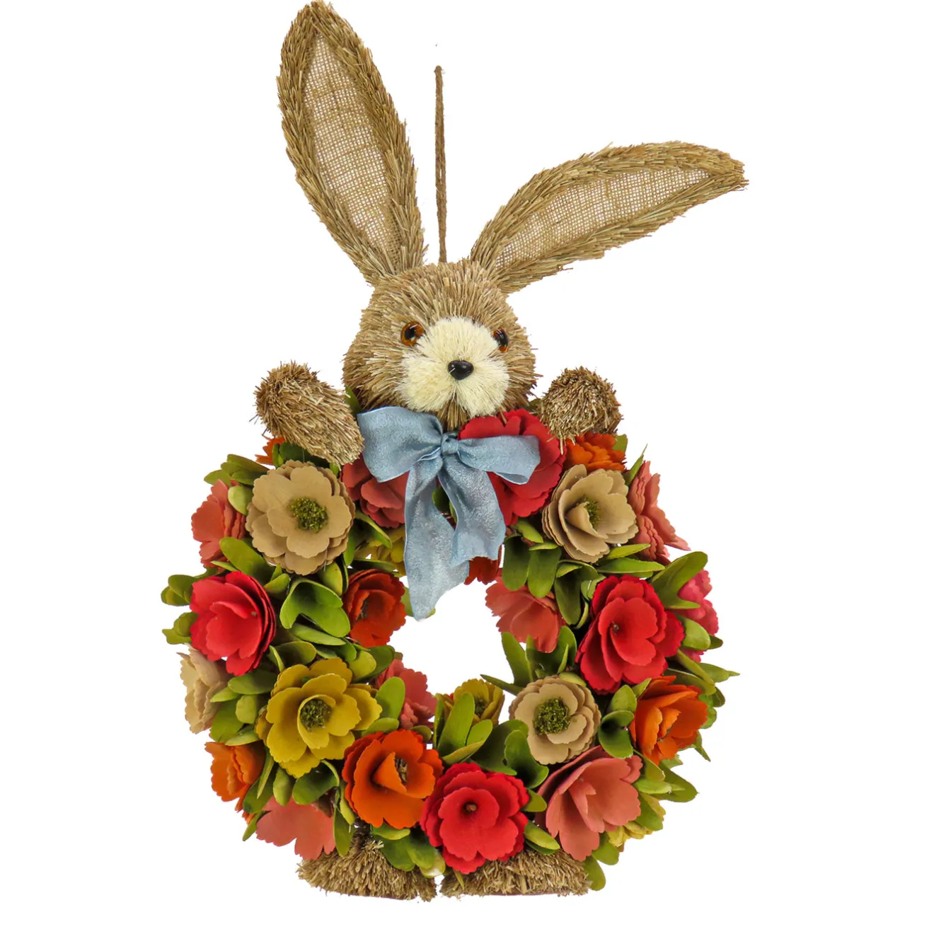 New 20 in. Easter Wreath Decorated with Red, Orange and Green Flower Blooms, Bunny Head and Feet Wreaths