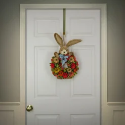 New 20 in. Easter Wreath Decorated with Red, Orange and Green Flower Blooms, Bunny Head and Feet Wreaths