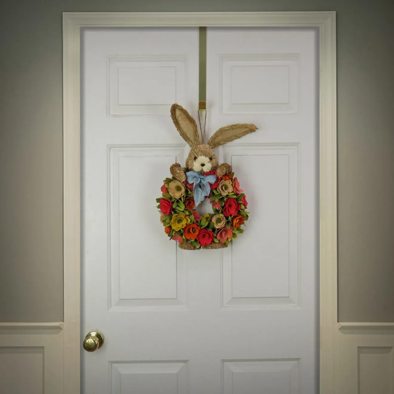 New 20 in. Easter Wreath Decorated with Red, Orange and Green Flower Blooms, Bunny Head and Feet Wreaths