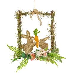 Hot 14 in. Easter Bunnies Hanging Wall Decoration Decorated with Two Bunnies, Carrots, Flower Blooms, Leafy Greens Wreaths
