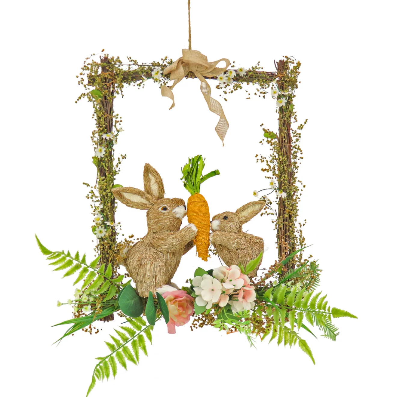 Hot 14 in. Easter Bunnies Hanging Wall Decoration Decorated with Two Bunnies, Carrots, Flower Blooms, Leafy Greens Wreaths