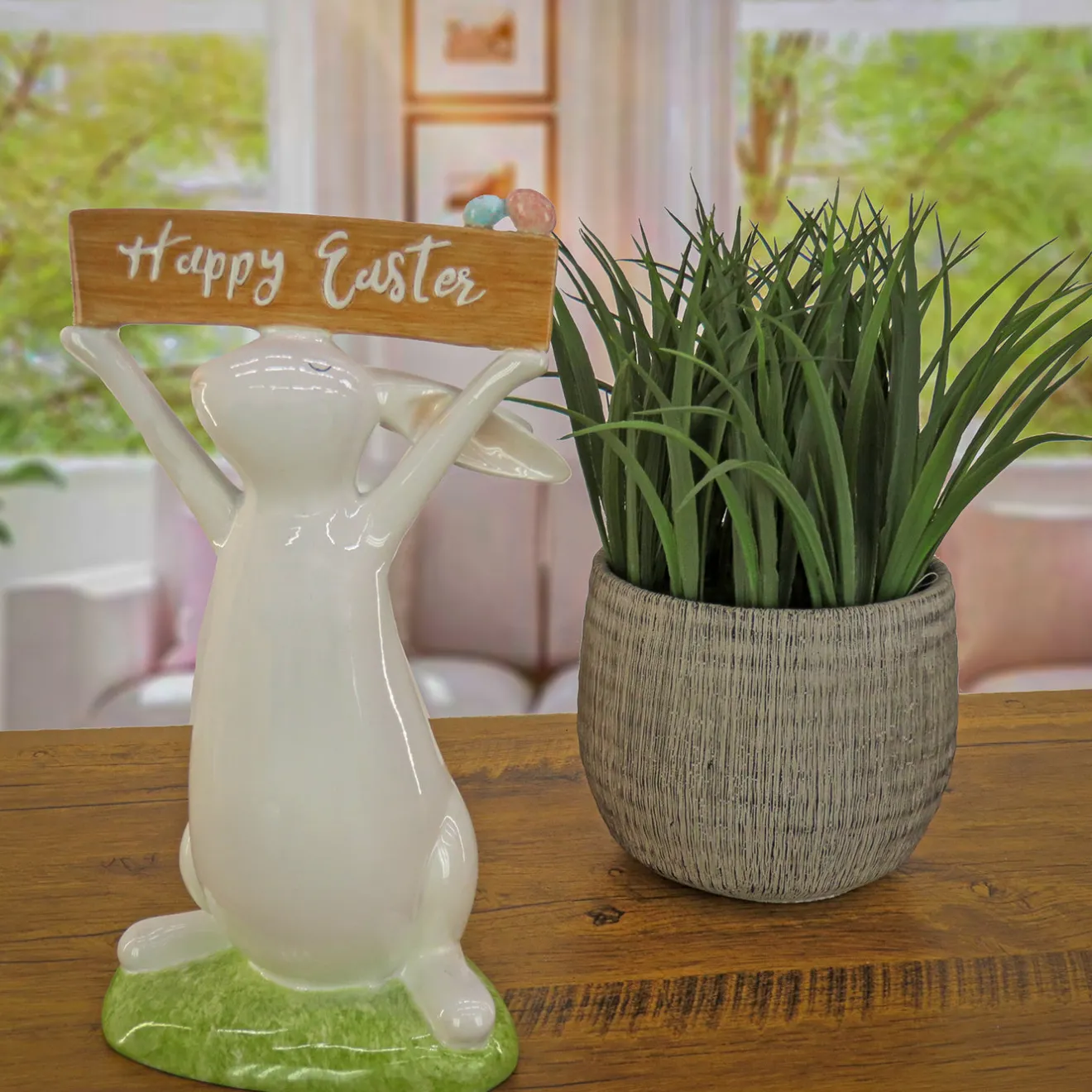 Outlet 11 in. Easter Bunny Figure Holding "Happy Easter" Sign Table Decoration Table Decorations