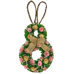 New 20 in. Easter Bunny Hanging Silhouette Decorated with Green, Pink and Yellow Flowers Wreaths