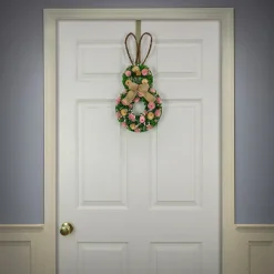 New 20 in. Easter Bunny Hanging Silhouette Decorated with Green, Pink and Yellow Flowers Wreaths