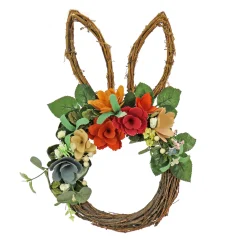 Clearance 17 in. Easter Bunny Shaped Hanging Wreath Decorated with Colorful Flower Blooms, Berry Clusters, Leafy Greens Wreaths
