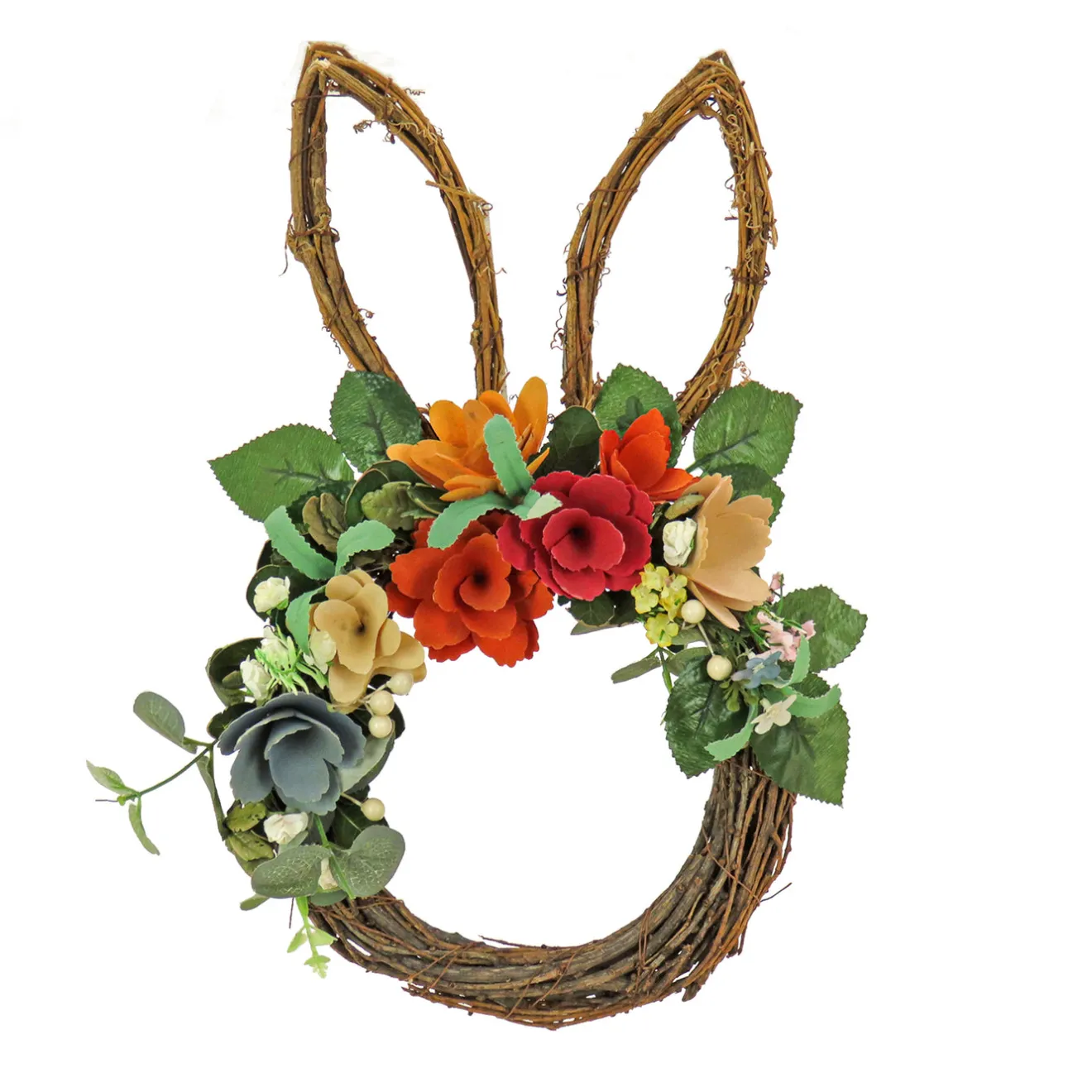 Clearance 17 in. Easter Bunny Shaped Hanging Wreath Decorated with Colorful Flower Blooms, Berry Clusters, Leafy Greens Wreaths