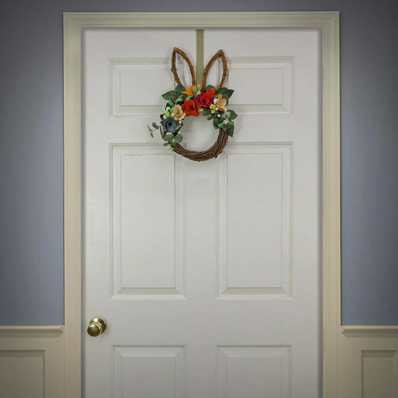 Clearance 17 in. Easter Bunny Shaped Hanging Wreath Decorated with Colorful Flower Blooms, Berry Clusters, Leafy Greens Wreaths