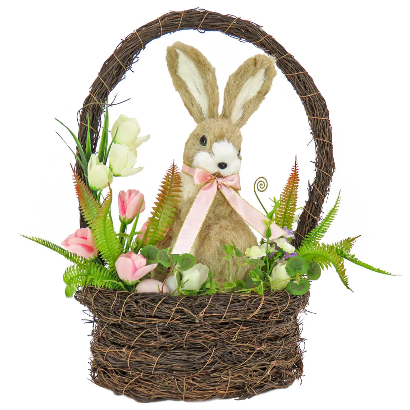 Best 17 in. Easter Bunny Sitting in Basket of Flowers Table Decoration Table Decorations