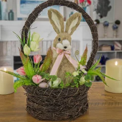 Best 17 in. Easter Bunny Sitting in Basket of Flowers Table Decoration Table Decorations