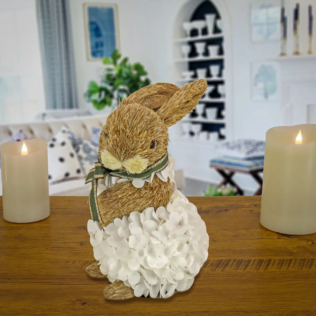 Best 10 in. Easter Bunny Table Decoration Decorated with White Flower Blooms Basket Table Decorations