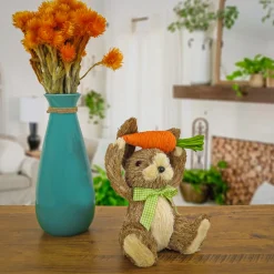 Sale 9 in. Easter Bunny with Carrot Table Decoration Decorated with Checkered Green Bow Table Decorations