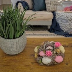 New 7 in. Easter Candleholder Table Decoration Decorated with Pastel Eggs and Flower Blooms Table Decorations