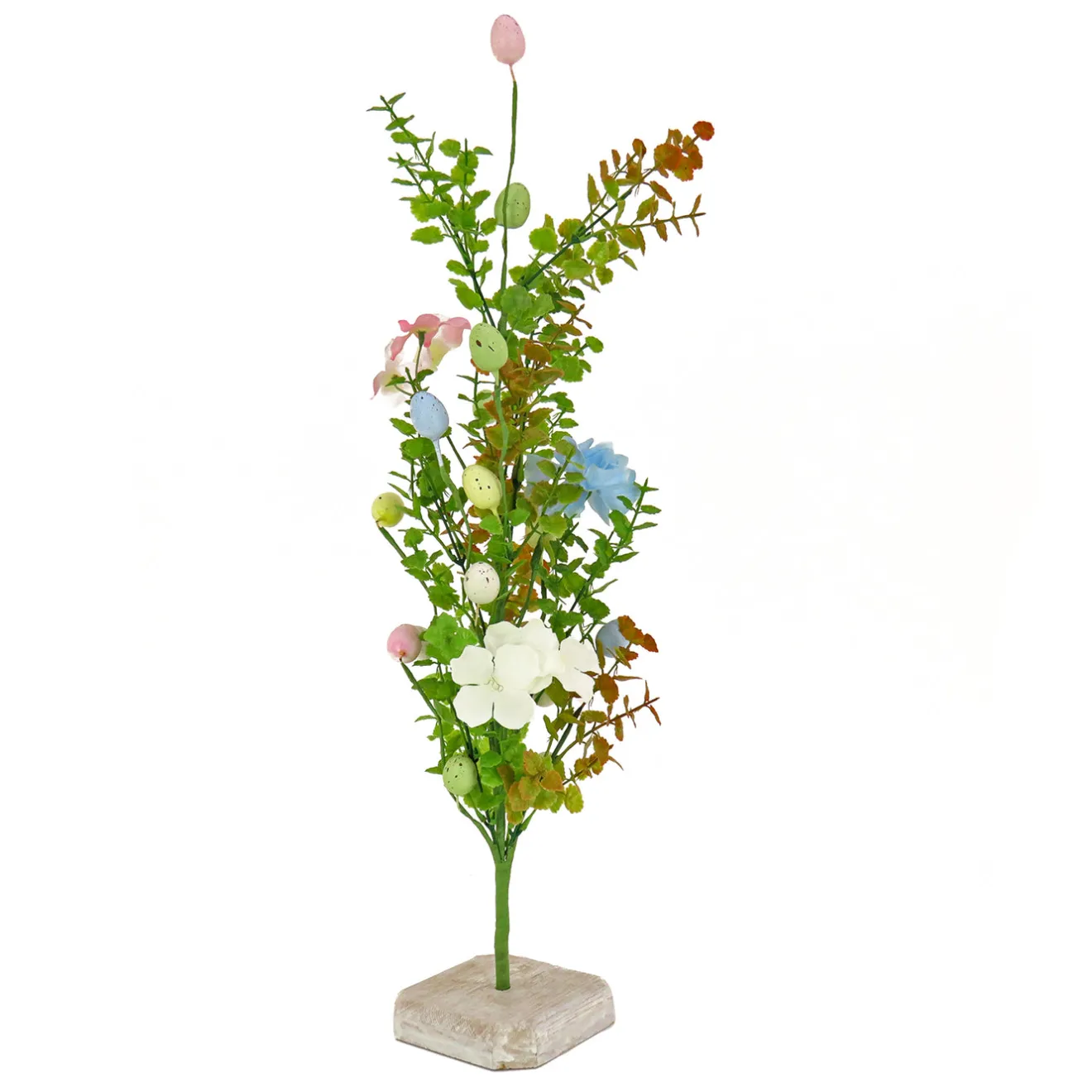 Hot 24 in. Easter Decorative Tree Decorated with Pastel Eggs and Flower Blooms, and Wooden Block Base Table Decorations