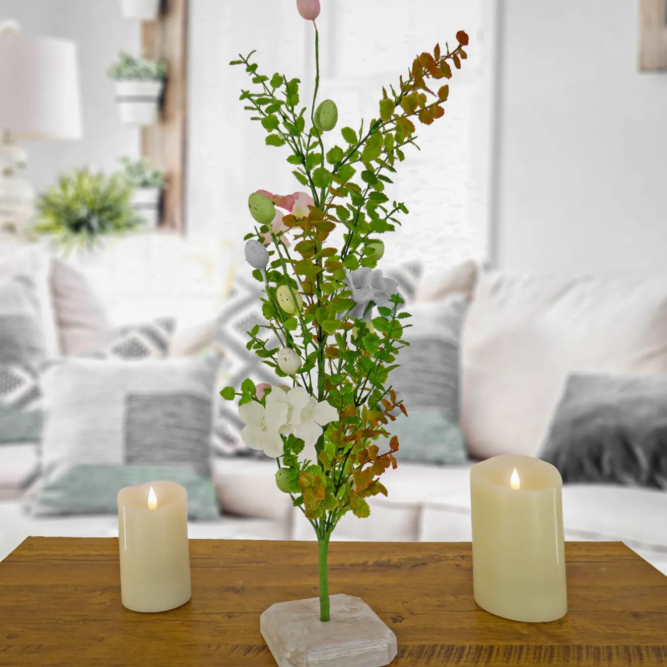 Hot 24 in. Easter Decorative Tree Decorated with Pastel Eggs and Flower Blooms, and Wooden Block Base Table Decorations