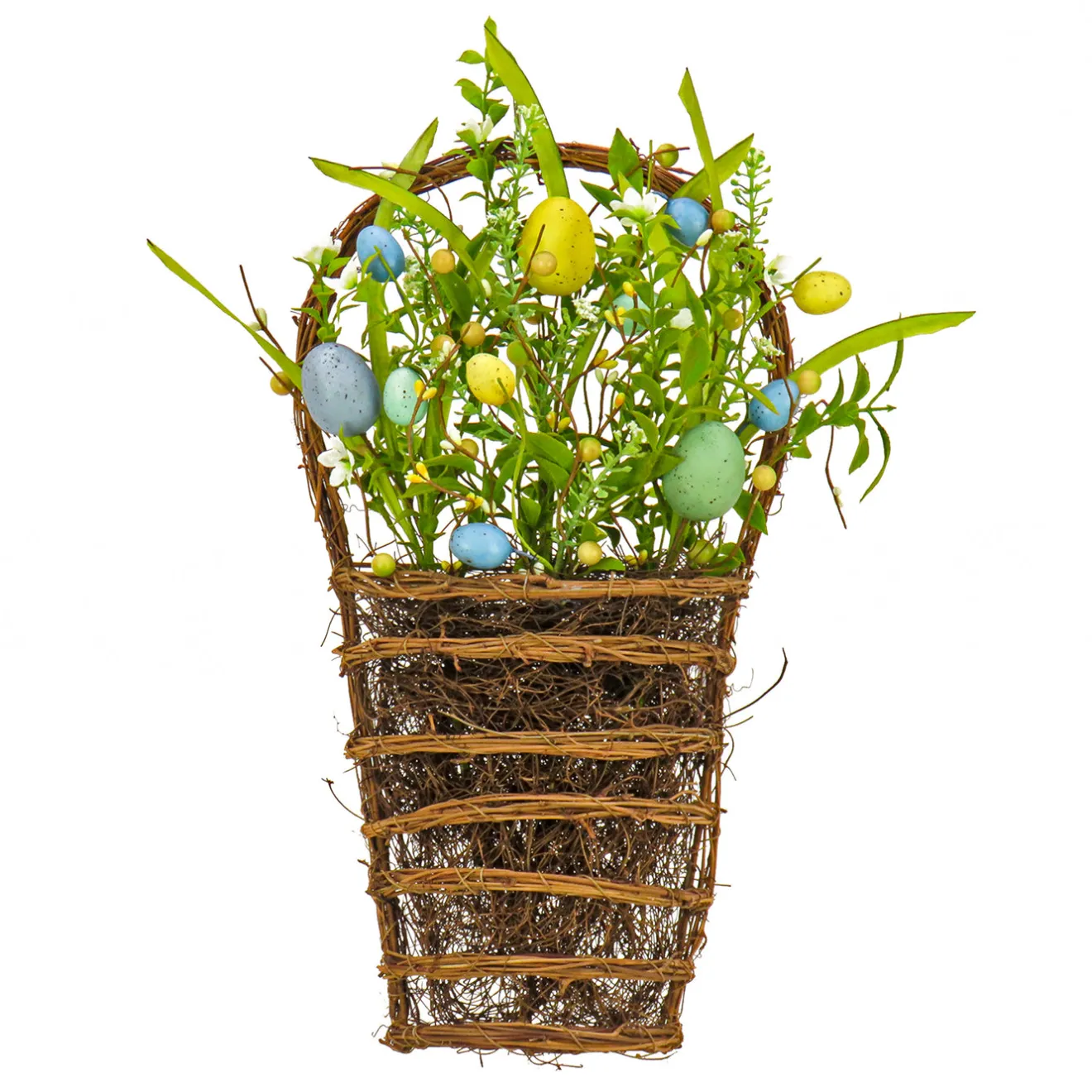 Hot 18 in. Easter Hanging Wall Basket Decorated with Pastel Eggs and Spring Flowers Wall Decorations
