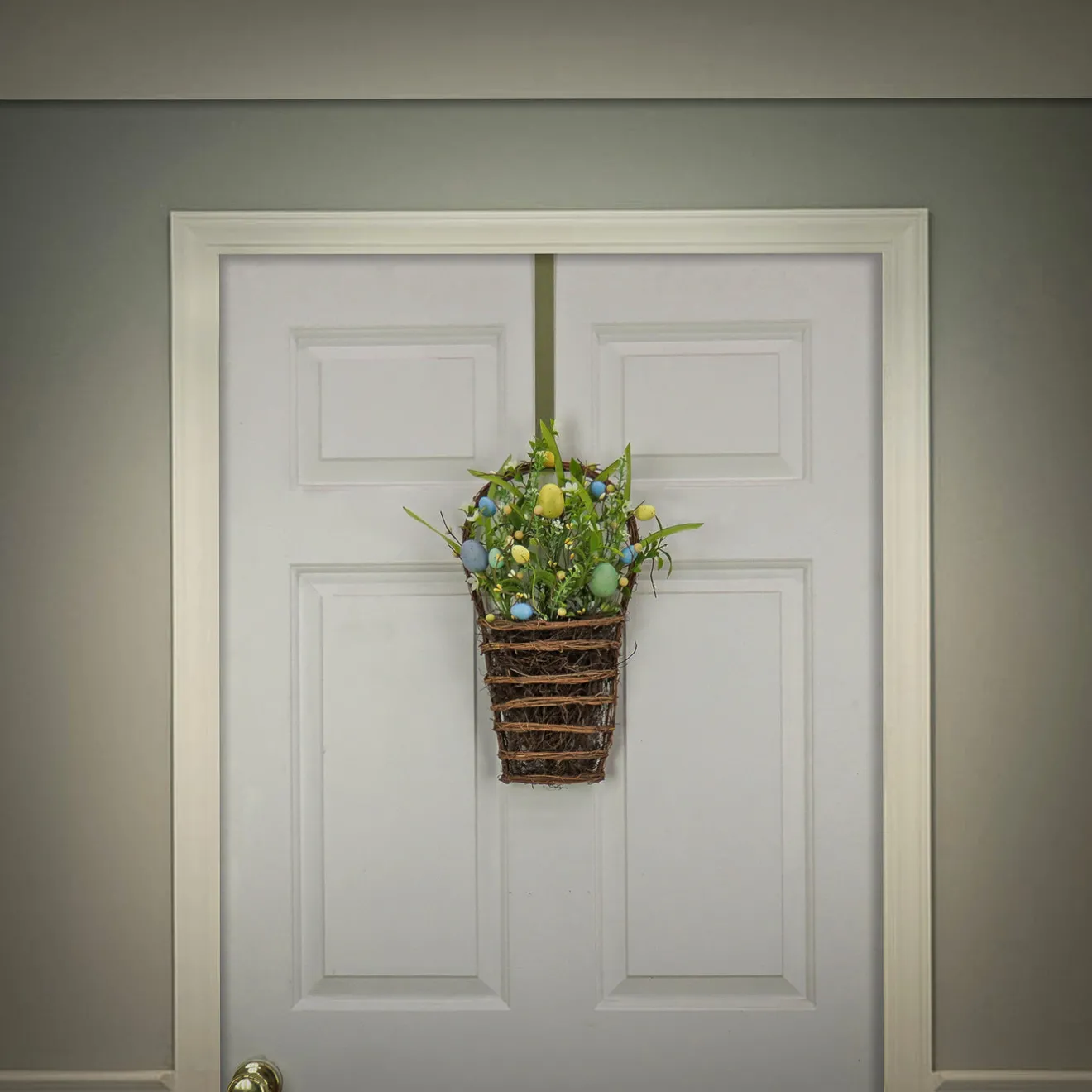 Hot 18 in. Easter Hanging Wall Basket Decorated with Pastel Eggs and Spring Flowers Wall Decorations