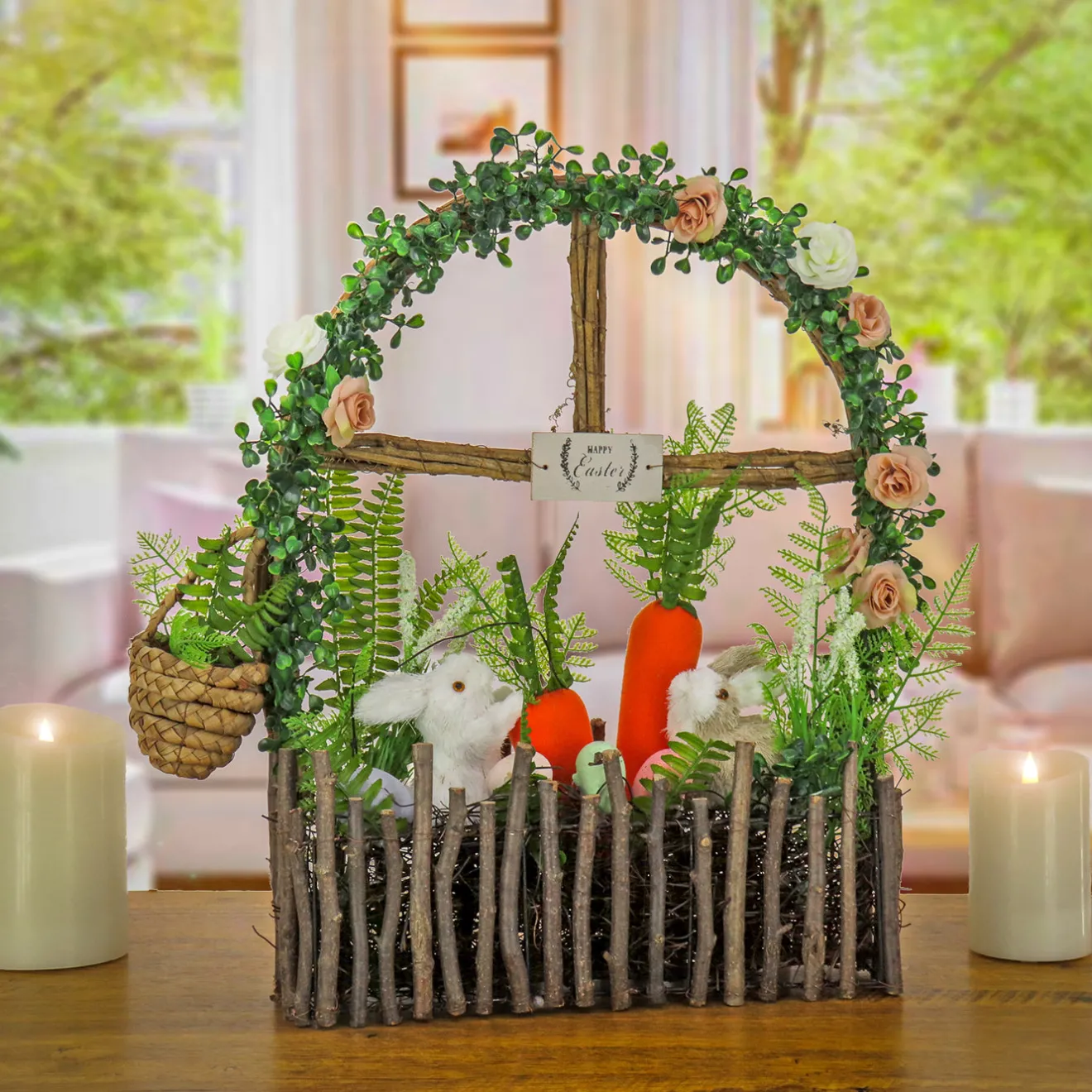 Clearance 19 in. Easter Window Garden Pane Decoration Decorated with Bunnies, Carrots, Flower Blooms Table Decorations
