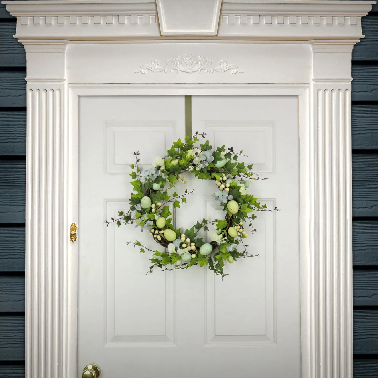 Best 22 in. Easter Wreath Decorated with Pastel Eggs, Blue Flowers Wreaths
