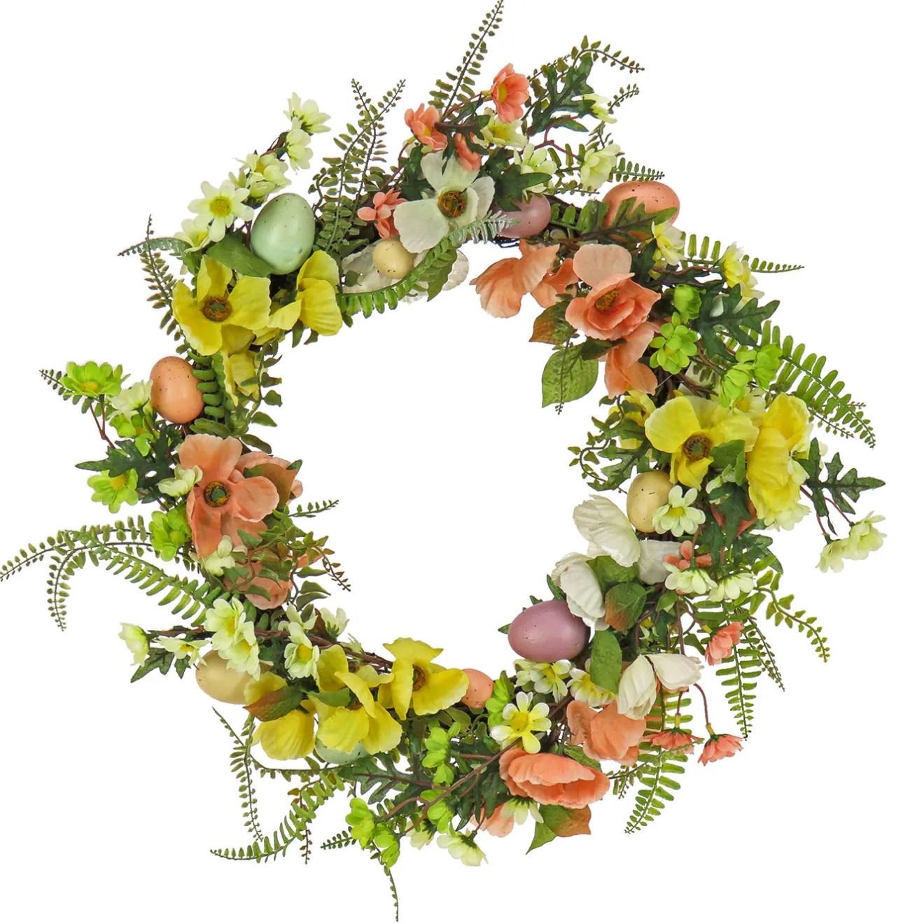 Online 22 in. Easter Wreath Decorated with Colorful Pastel Eggs, Pink and Yellow Flowers, Ferns, Leafy Greens Wreaths