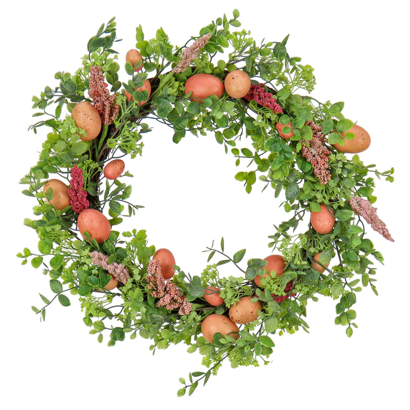 New 22 in. Easter Wreath Decorated with Pink Pastel Eggs, Pink Flowers, Leafy Greens Wreaths