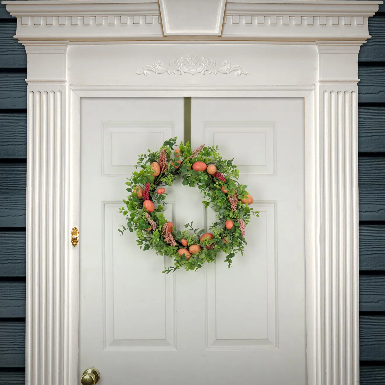New 22 in. Easter Wreath Decorated with Pink Pastel Eggs, Pink Flowers, Leafy Greens Wreaths