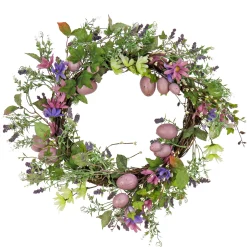22 in. Easter Wreath Decorated with Purple Pastel Eggs, Pink Flowers, Leafy Greens Wreaths