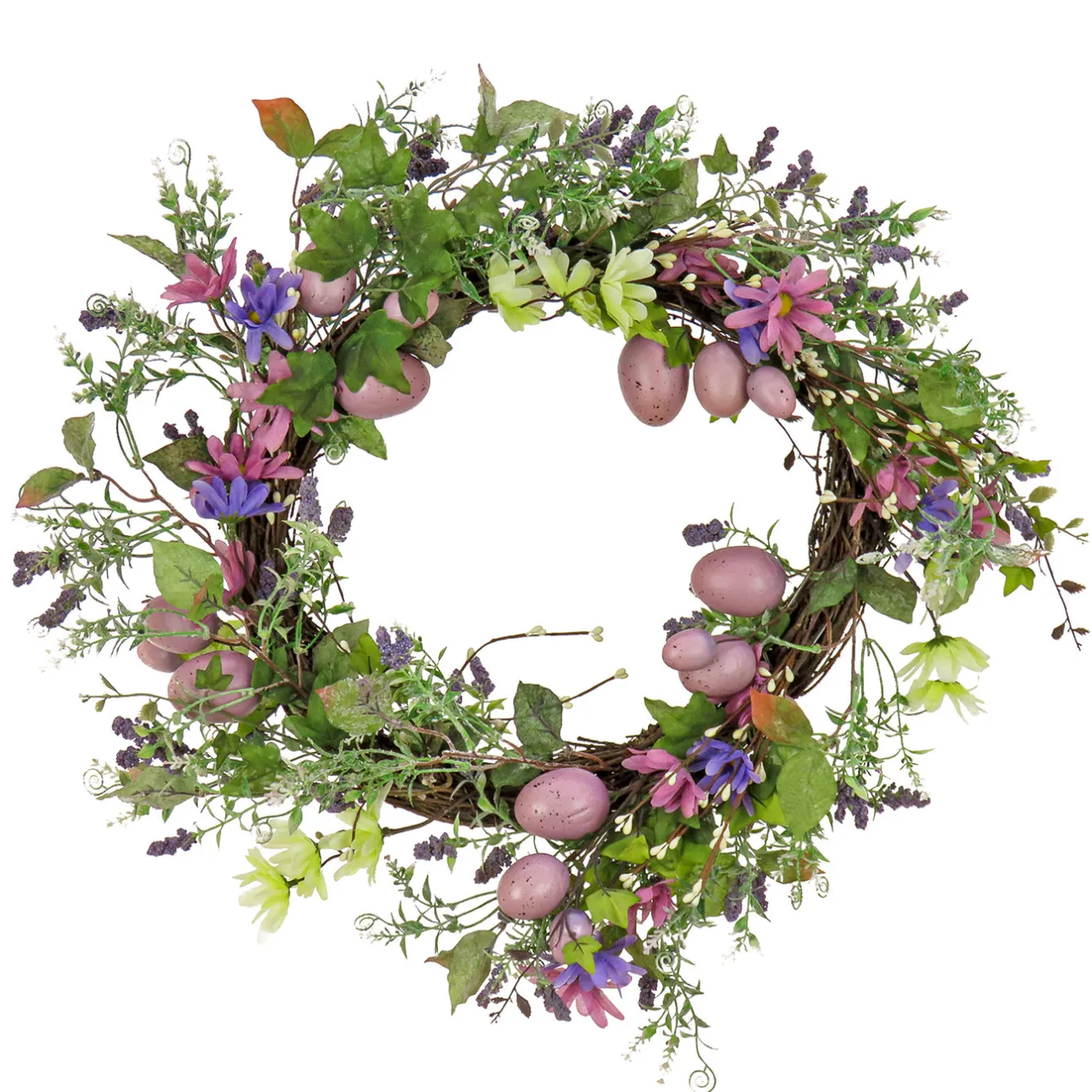 22 in. Easter Wreath Decorated with Purple Pastel Eggs, Pink Flowers, Leafy Greens Wreaths