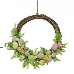 16 in. Easter Wreath Decorated with Pastel Eggs, Fern Fronds, Flower Blooms Wreaths