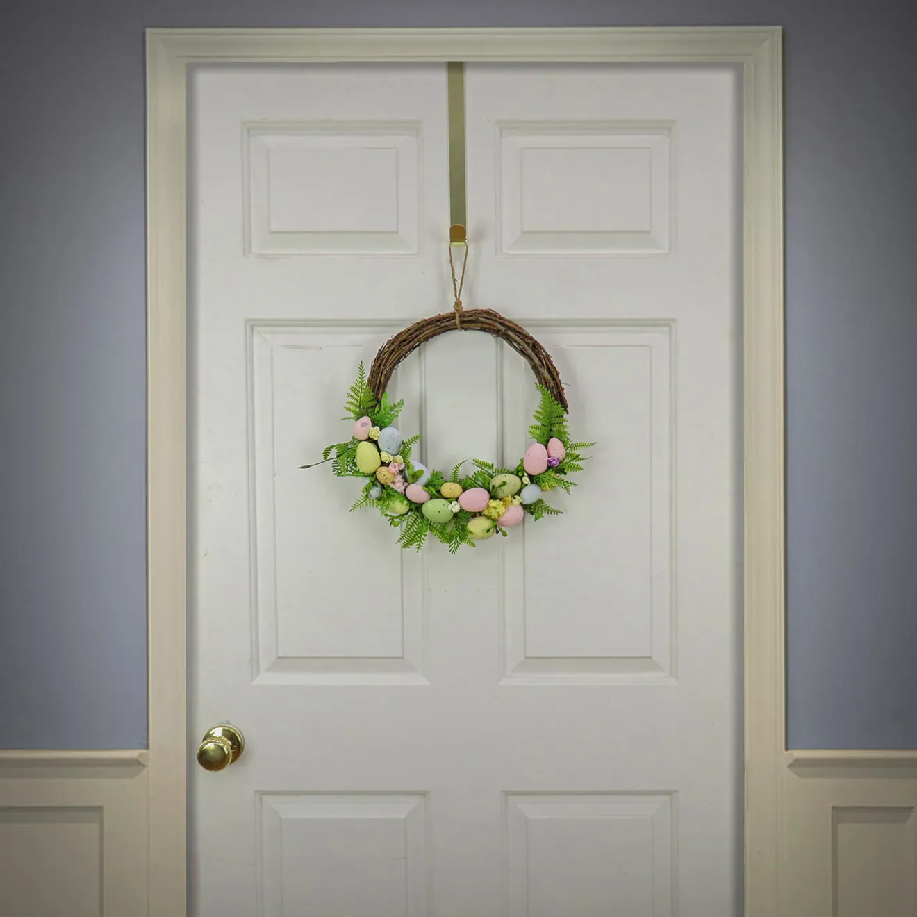 16 in. Easter Wreath Decorated with Pastel Eggs, Fern Fronds, Flower Blooms Wreaths