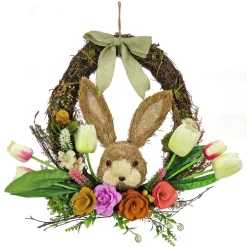 Online 16 in. Easter Wreath Decorated with Multicolor Flower Blooms, Tulips, Leafy Greens, Bunny Head Wreaths