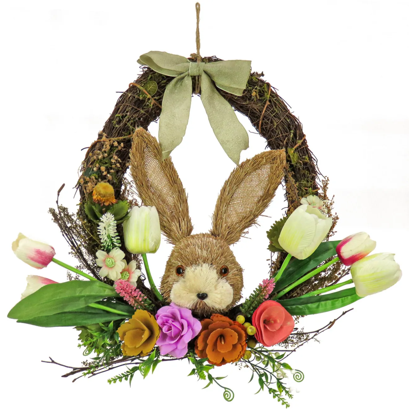 Online 16 in. Easter Wreath Decorated with Multicolor Flower Blooms, Tulips, Leafy Greens, Bunny Head Wreaths