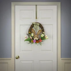 Online 16 in. Easter Wreath Decorated with Multicolor Flower Blooms, Tulips, Leafy Greens, Bunny Head Wreaths