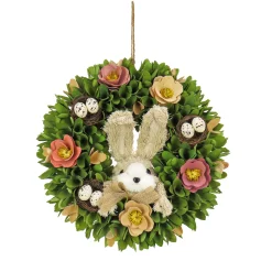 Discount 13 in. Easter Wreath Decorated with Colorful Flower Blooms, Bunny and Pastel Eggs Wreaths