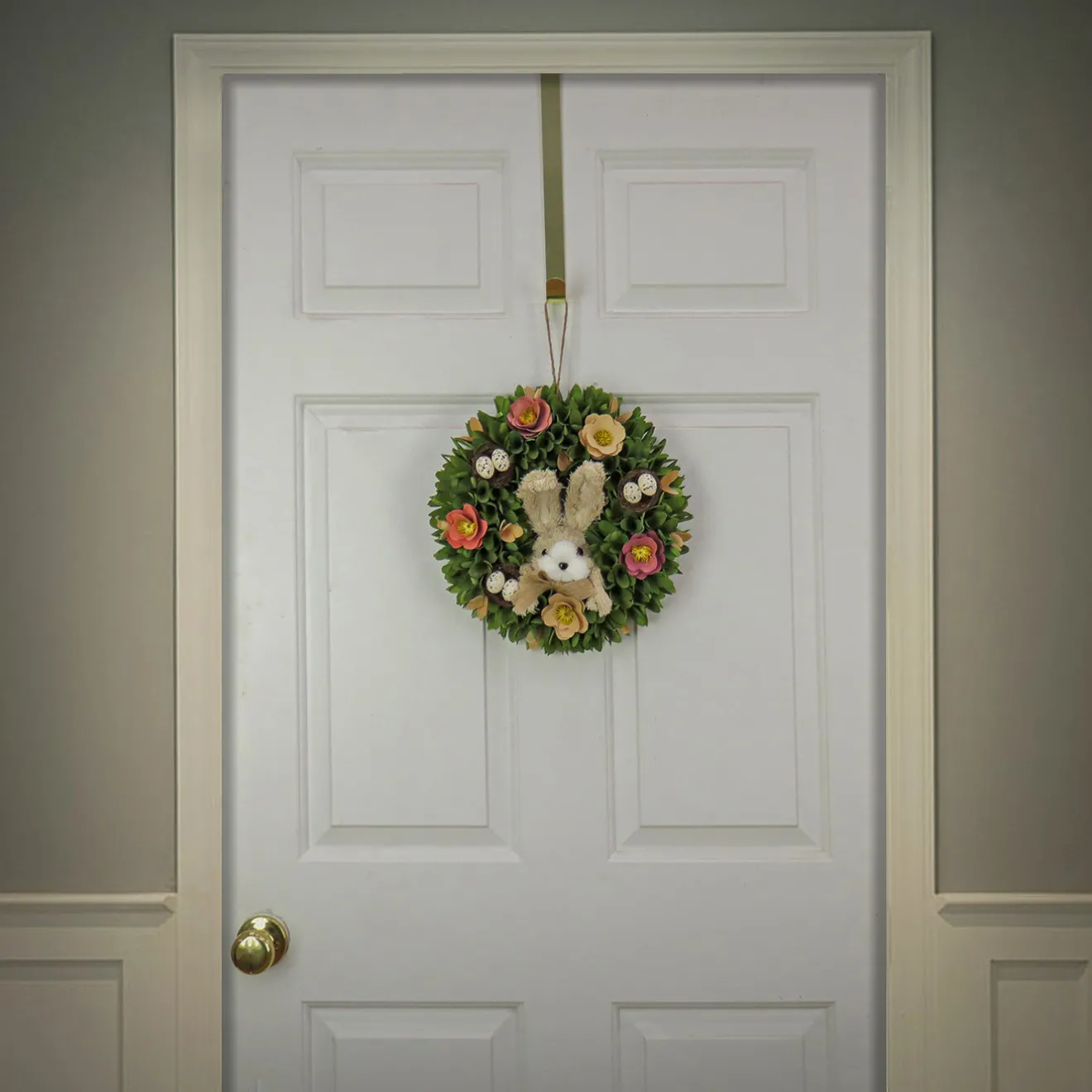 Discount 13 in. Easter Wreath Decorated with Colorful Flower Blooms, Bunny and Pastel Eggs Wreaths