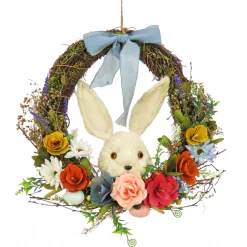 Best 16 in. Easter Wreath Decorated with Multicolor Flower Blooms, Leafy Greens, Bunny Head Wreaths