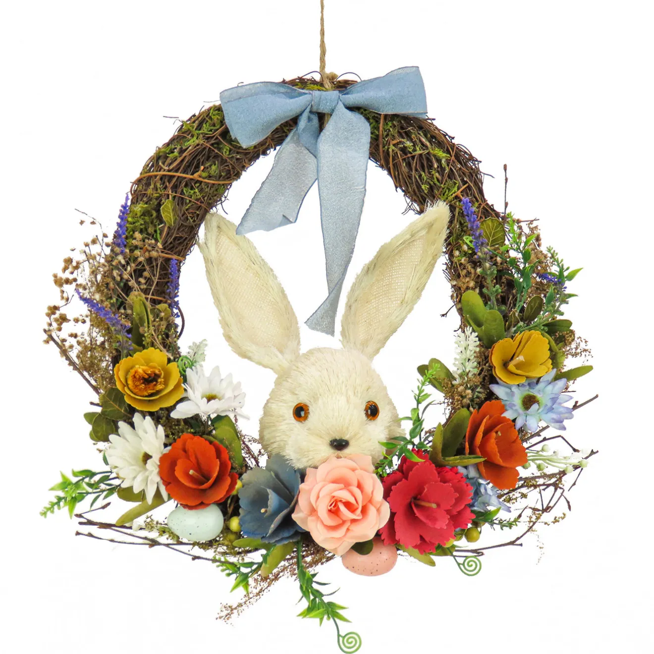 Best 16 in. Easter Wreath Decorated with Multicolor Flower Blooms, Leafy Greens, Bunny Head Wreaths