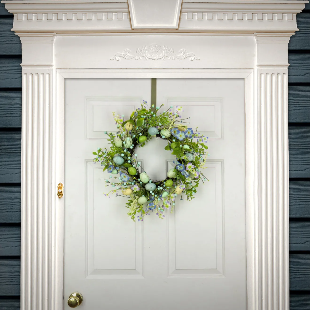 Online 20 in. Easter Wreath Decorated with Blue Flower Blooms, Pastel Eggs Wreaths