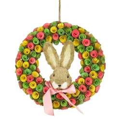 Outlet 16 in. Easter Wreath Decorated with Colorful Flower Blooms, Bunny Head Wreaths