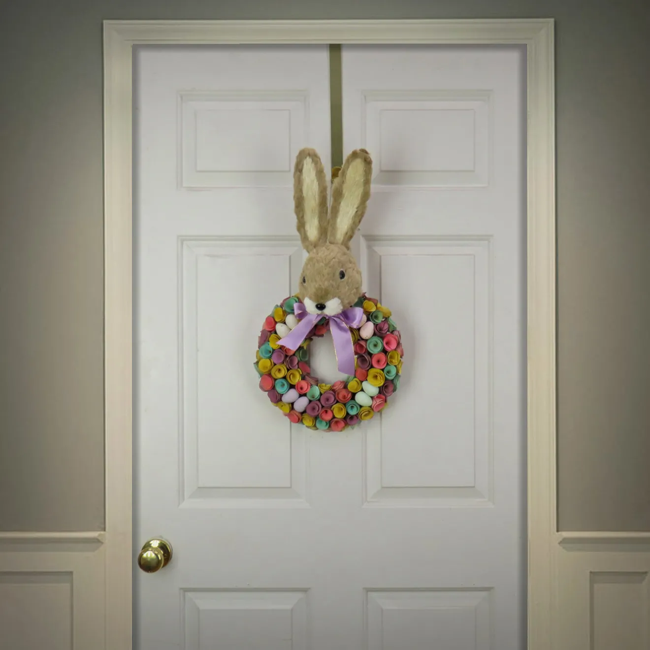 Hot 24 in. Easter Wreath Decorated with Colorful Flower Blooms, Pastel Eggs, Bunny Head Wreaths