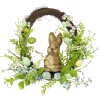 New 16 in. Easter Wreath Decorated with Wooden Bunny, Blue Flower Blooms, Pastel Eggs, Berries Wreaths