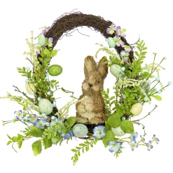New 16 in. Easter Wreath Decorated with Wooden Bunny, Blue Flower Blooms, Pastel Eggs, Berries Wreaths